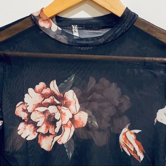 Silky Soft Floral Sheer Mesh Long Sleeve Top Black & Pink - Picture 12 of 12